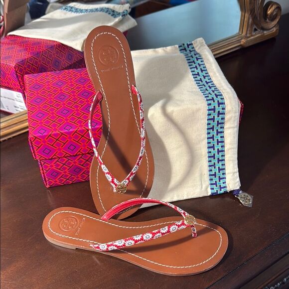 Tory Burch Terra Thong Red and White Primrose Floral Sandals size 8